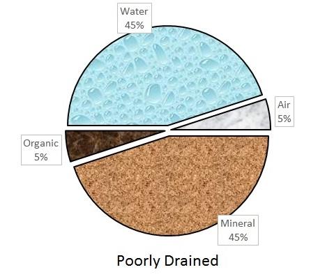 Pie Chart representing a poorly drained soil: 45% water, 5% air, 45% mineral, and 5% organic
